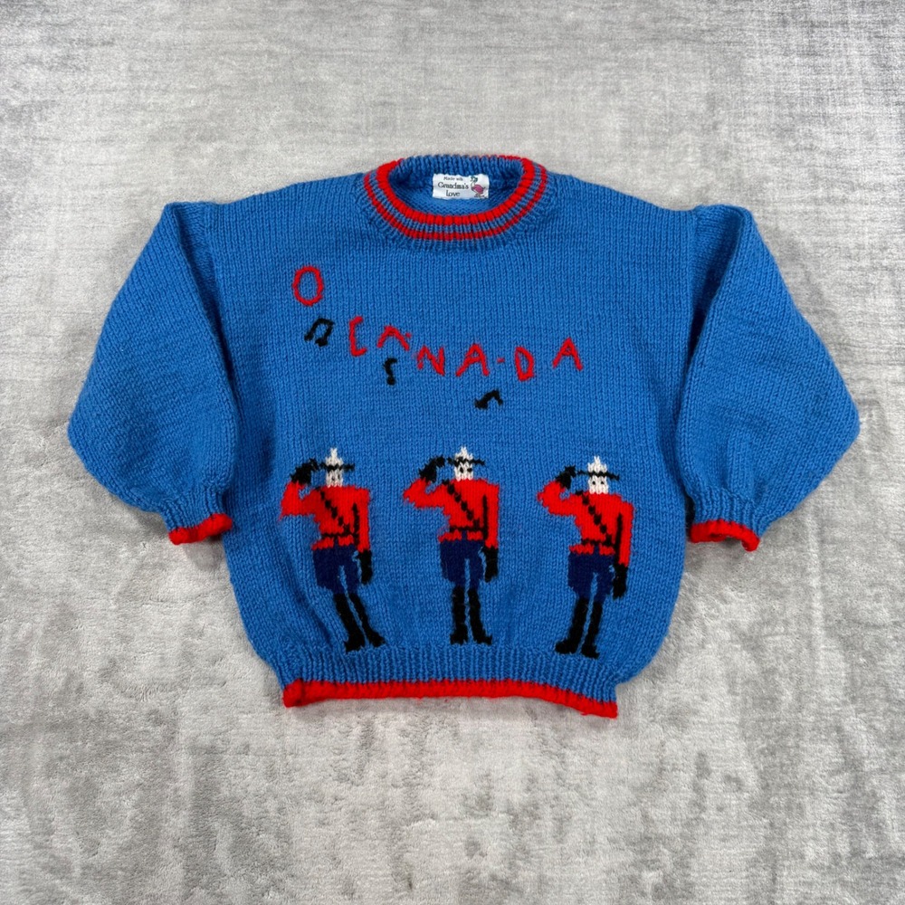 RCMP Mountie Sweater Youth Large Blue Vintage 90s Canada Novelty Handknit
